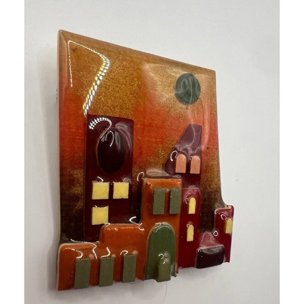 Lucinda House Pin Brooch Town Scene Resin Pueblo Casas Vintage Cityscape Artisan